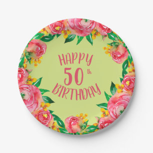Vibrant Hot Pink and Yellow Floral Watercolor Paper Plate