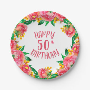 Vibrant Hot Pink and Yellow Floral Watercolor Paper Plate