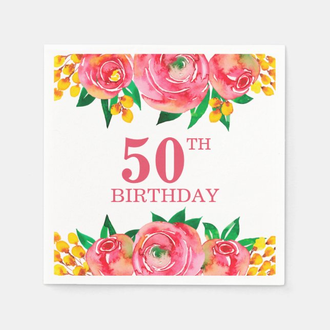 Vibrant Hot Pink and Yellow Watercolor Floral Napkin (Front)