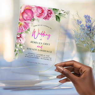 Vibrant Hot Pink Floral Acrylic Wedding Invitations