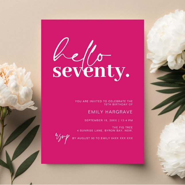 Vibrant Hot Pink Hello 70th Birthday Party  Invitation (Creator Uploaded)