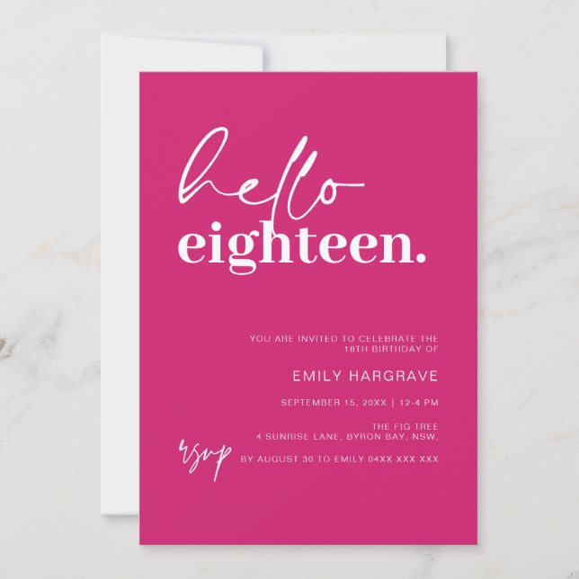 Vibrant Hot Pink Hello Eighteen Birthday Party Invitation (Front)