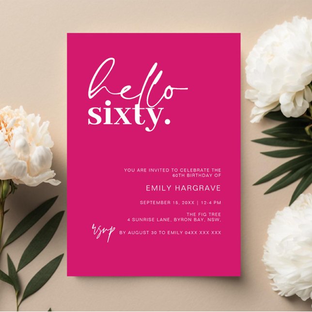 Vibrant Hot Pink Hello Sixty 60th Birthday Party Invitation (Creator Uploaded)