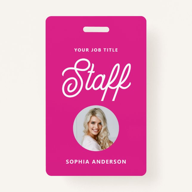 Vibrant Hot Pink | Photo and Trendy Script ID Badge (Front)