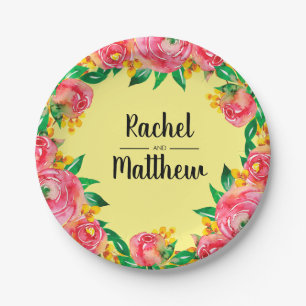 Vibrant Hot Pink Watercolor Flowers on Yellow Paper Plate