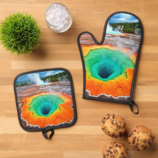 Vibrant Hot Spring: Earth's Wonder Art Oven Mitt & Pot Holder Set (Top Down)