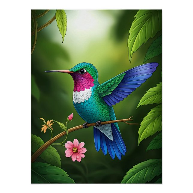 Vibrant Hummingbird Among Leaves Poster (Front)