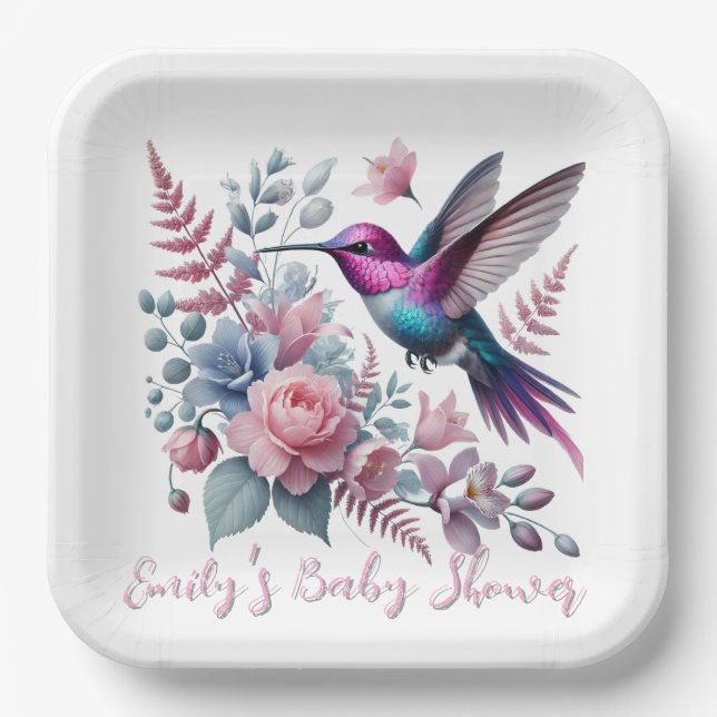 Vibrant Hummingbird And Pink Blooms Baby Shower Paper Plate (Front)