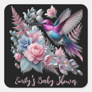 Vibrant Hummingbird And Pink Blooms Baby Shower Square Sticker