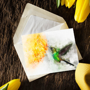 Vibrant Hummingbird and Yellow Floral Watercolor Postcard