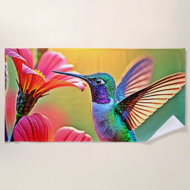 Vibrant Hummingbird at Sunset Design Beach Towel (Front)