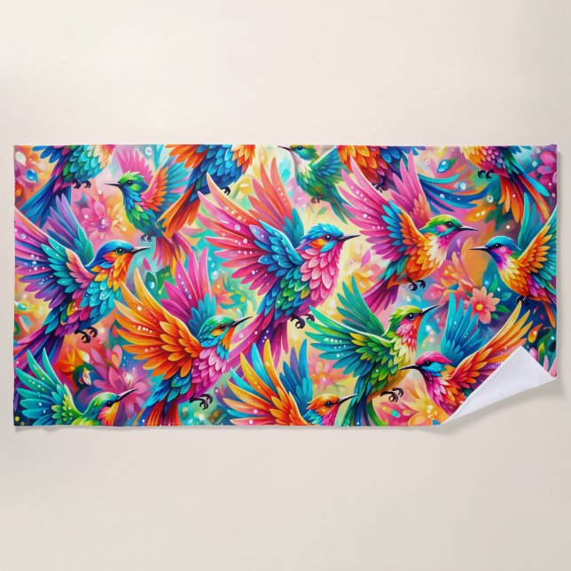 Vibrant Hummingbird Dreamscape – Tropical Boho Beach Towel (Front)