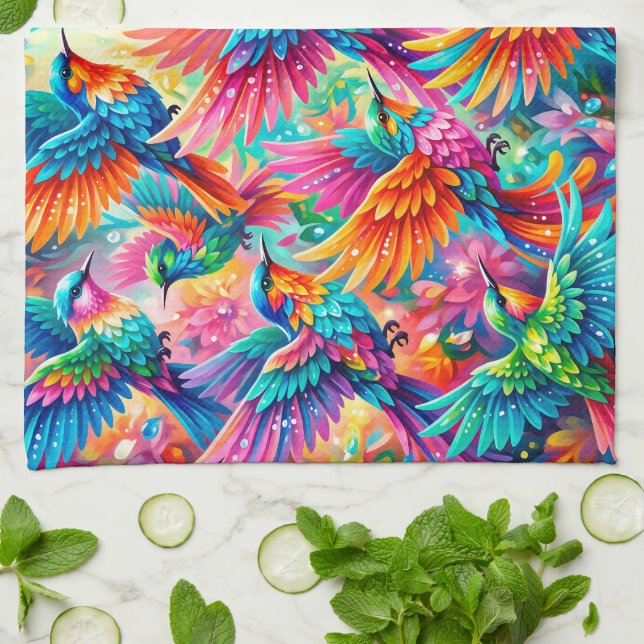 Vibrant Hummingbird Dreamscape – Tropical Boho Tea Towel (Folded)