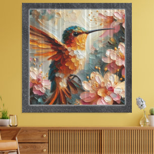 Vibrant Hummingbird & Floral Textured Painting – Canvas Print