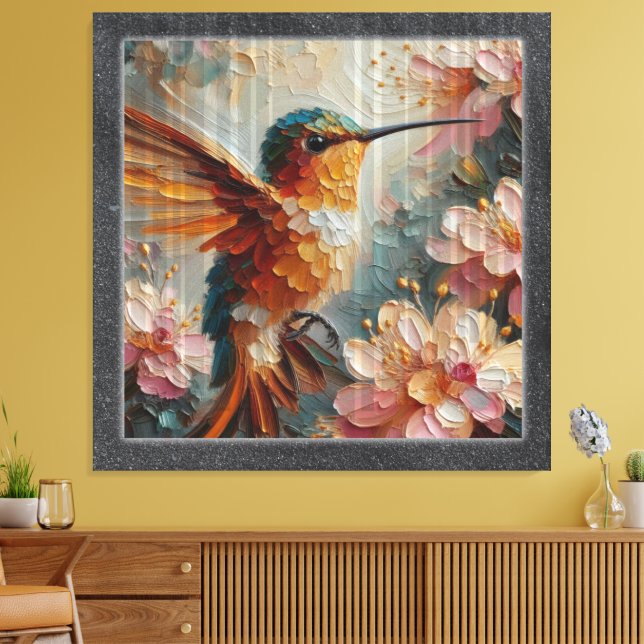 Vibrant Hummingbird & Floral Textured Painting –  Canvas Print (Insitu(LivingRoom))