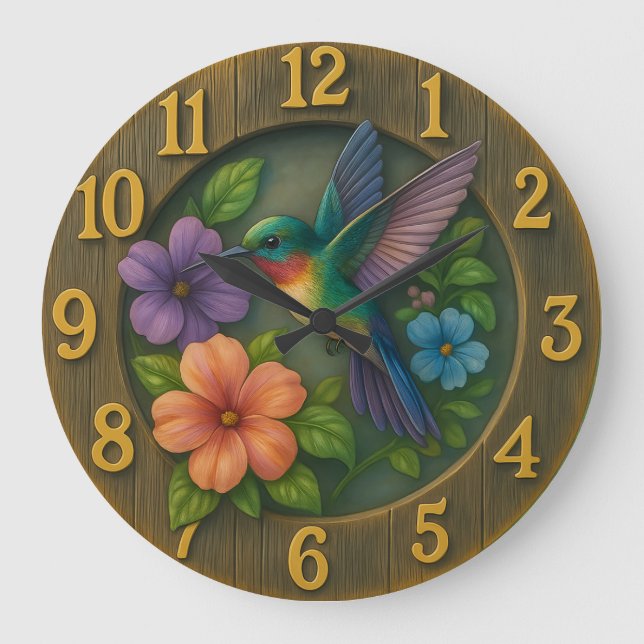 Vibrant hummingbird garden clock with floral detai (Front)