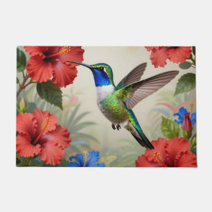 Vibrant Hummingbird Hibiscus Floral Doormat