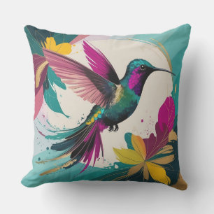 Vibrant Hummingbird in Flight: A Tropical Abstract Cushion