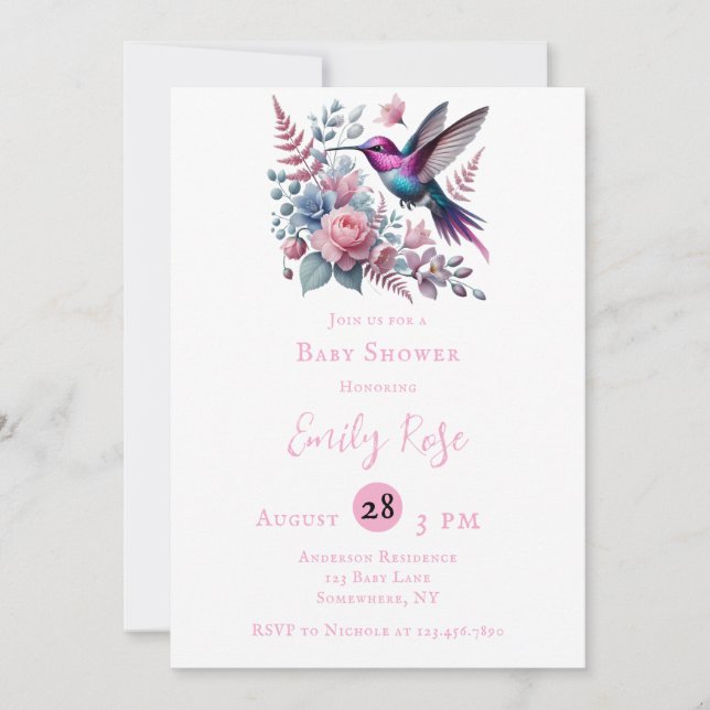 Vibrant Hummingbird & Pink Blooms Girl Baby Shower Invitation (Front)