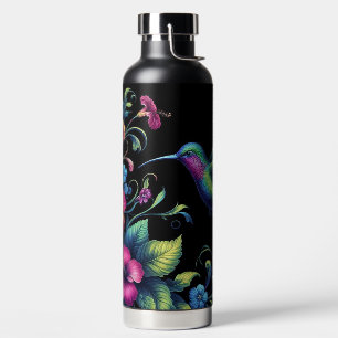 Vibrant Hummingbird with flowers Water Bottle