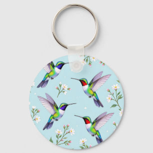 Vibrant Hummingbirds and White Cherry Blossom Key Ring