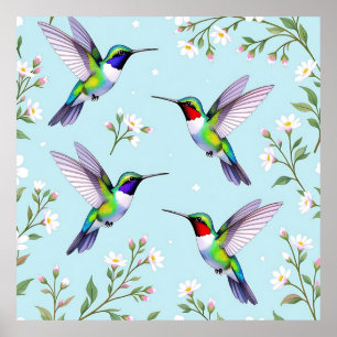 Vibrant Hummingbirds and White Cherry Blossom Poster