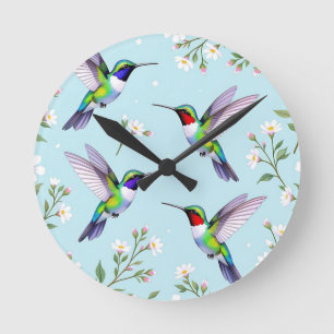 Vibrant Hummingbirds and White Cherry Blossom Round Clock
