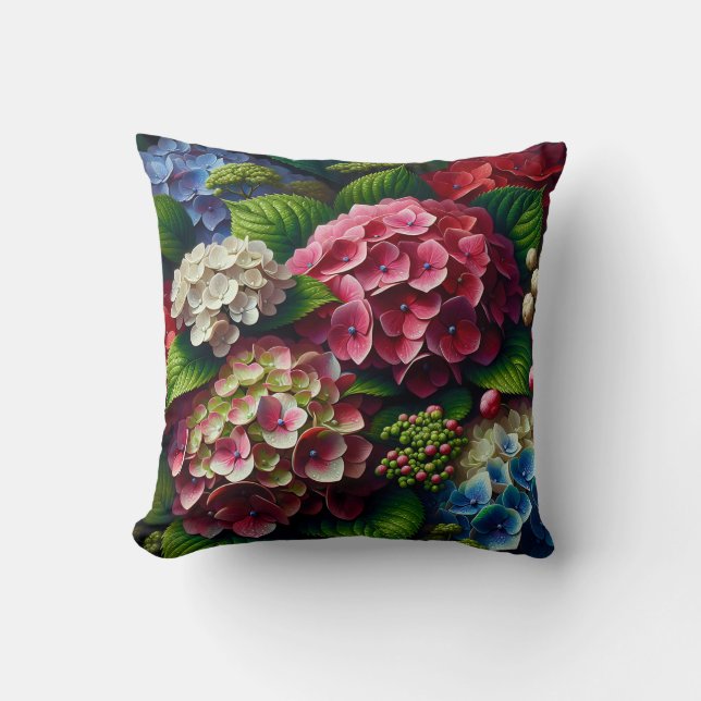 “Vibrant Hydrangeas with Dew" Cushion (Front)