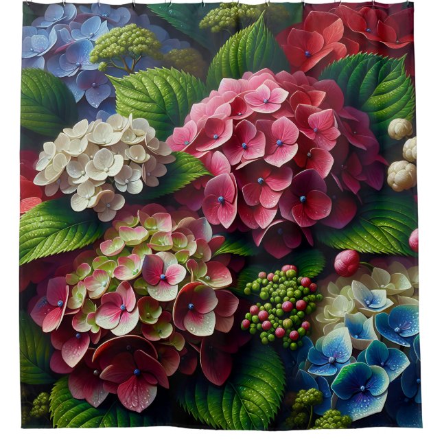 “Vibrant Hydrangeas with Dew" Shower Curtain (Front)
