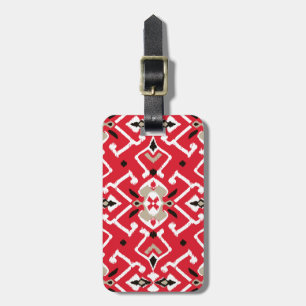 Vibrant ikat pattern in red, white and black luggage tag