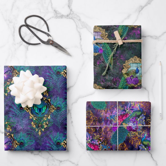 Vibrant Illustrated Peacock Pattern Wrapping Paper Sheet (Front)