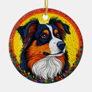 Vibrant Illustrated Portrait of a Dog Ceramic Tree Decoration