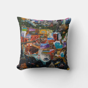 Vibrant Illustrated USA Map with Iconic Landmarks Cushion