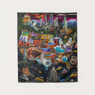Vibrant Illustrated USA Map with Iconic Landmarks Tapestry