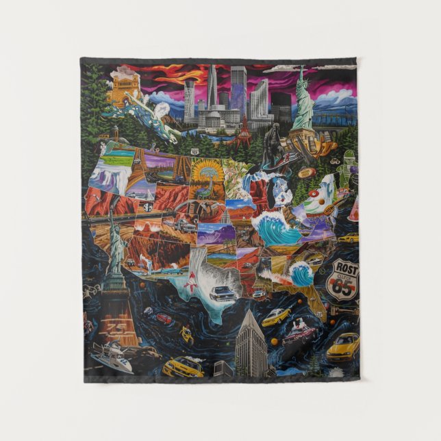 Vibrant Illustrated USA Map with Iconic Landmarks Tapestry (Front)