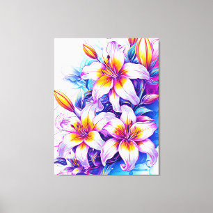 Vibrant Illustration of Colourful Lilies Canvas Print