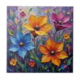 Vibrant Impasto Wildflowers Tile