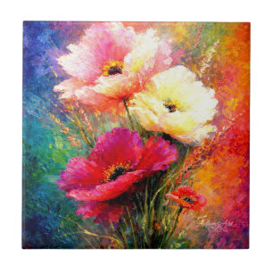 Vibrant Impressionist Poppy Flowers Tile