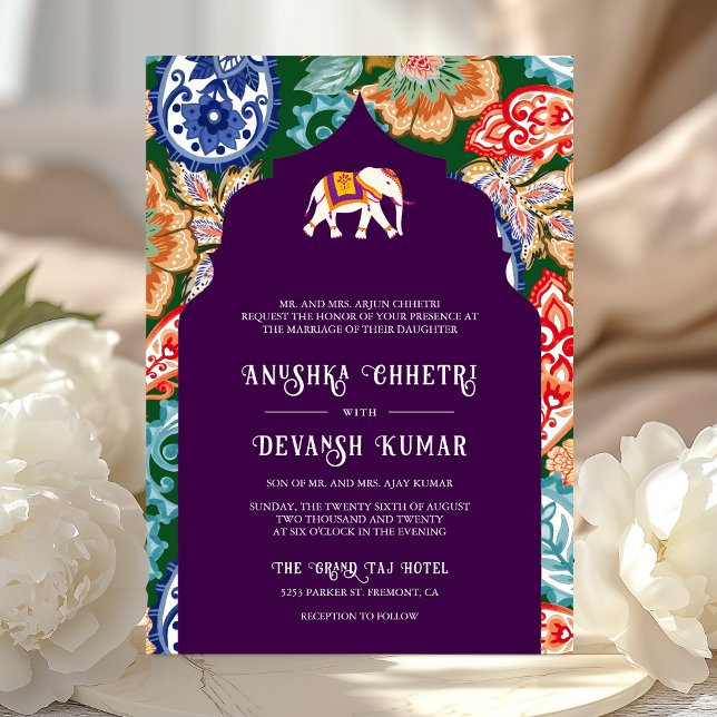 Vibrant Indian Folk Art Elephant Aubergine Wedding Invitation (Creator Uploaded)