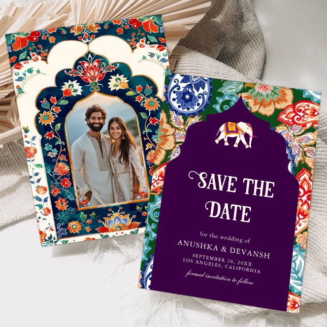 Vibrant Indian Folk Art Elephant Aubergine Wedding Save The Date (Creator Uploaded)