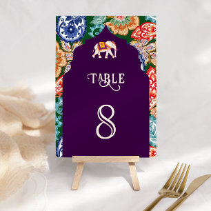 Vibrant Indian Folk Art Elephant Aubergine Wedding Table Number