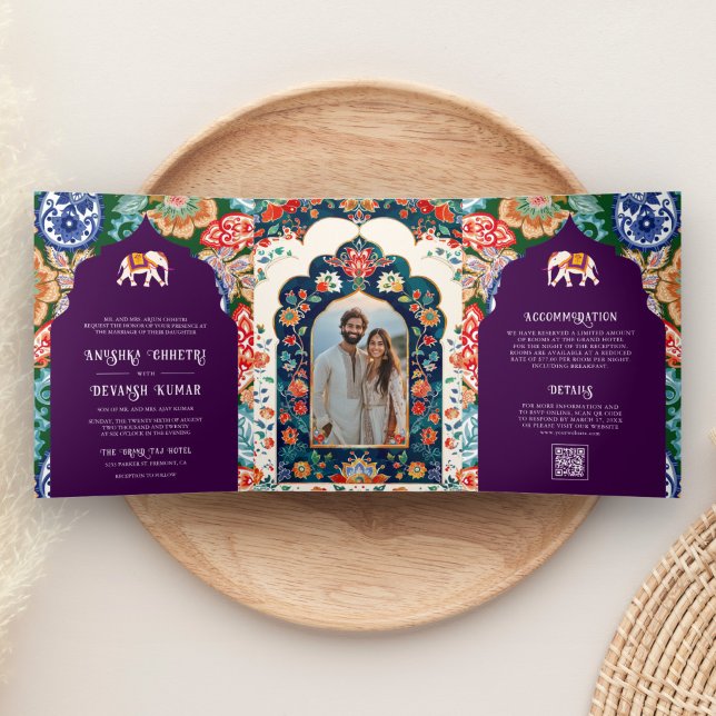 Vibrant Indian Folk Art Elephant Aubergine Wedding Tri-Fold Invitation (Creator Uploaded)