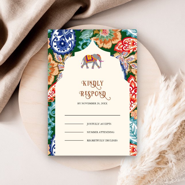 Vibrant Indian Folk Art Elephant Cream Wedding RSVP Card (Creator Uploaded)