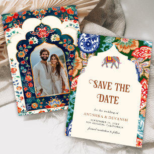 Vibrant Indian Folk Art Elephant Cream Wedding Save The Date