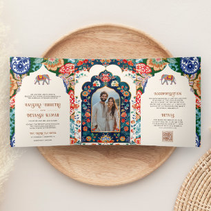 Vibrant Indian Folk Art Elephant Cream Wedding Tri-Fold Invitation