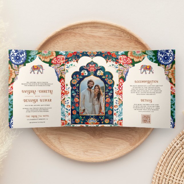 Vibrant Indian Folk Art Elephant Cream Wedding Tri-Fold Invitation (Inside)