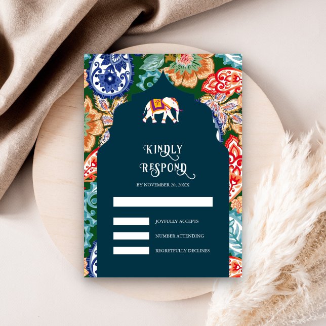 Vibrant Indian Folk Art Elephant Dark Blue Wedding RSVP Card (Creator Uploaded)