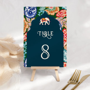 Vibrant Indian Folk Art Elephant Dark Blue Wedding Table Number