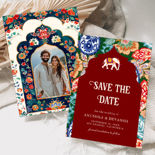 Vibrant Indian Folk Art Elephant Dark Red Wedding Save The Date