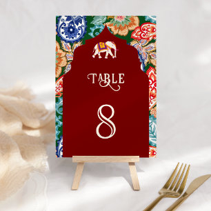 Vibrant Indian Folk Art Elephant Dark Red Wedding Table Number